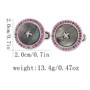 Mens round button cufflinks with dark mother of pearl and red crystal inlay accents