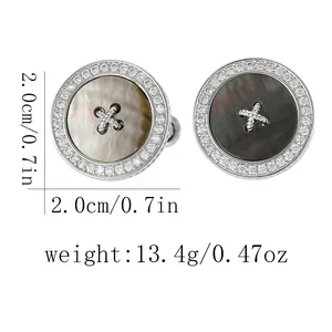 Detailed view of silver round cufflinks with shell inlay and crystal border, 2.0cm diameter
