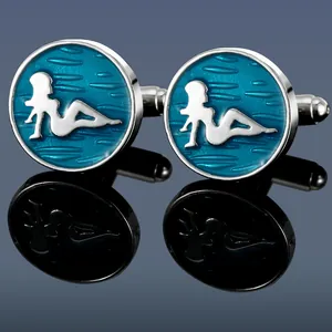 Men's Alloy Cufflinks Blue Enamel Round Artistic Female Silhouette Silver Plated Retro Business Shirt Accessories Jewelry Gift