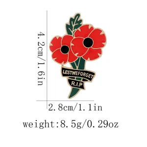 Detailed size specifications of the enamel poppy brooch with LEST WE FORGET text