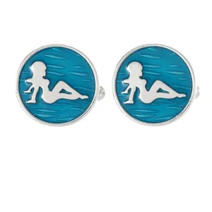 Silver mens round cufflinks with blue enamel finish and female silhouette pattern