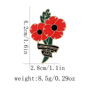 Lest We Forget 2025 red poppy enamel pin brooch with dimensions and weight measurements