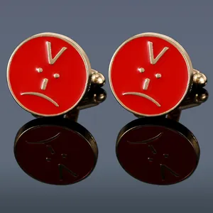 Men French Shirt Cufflinks Gold Plated Alloy Round Red Enamel Sad Face Emoji Business Wedding Accessories Cuff Links