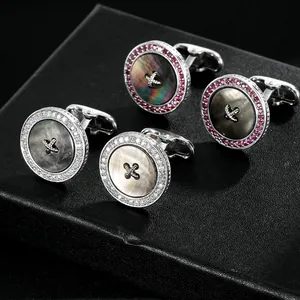 Men Round Button Cufflinks Copper Zirconia Inlaid Shell Mother Of Artificial Pearl Design For French Shirt Suits Business Wedding Accessory