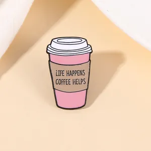 Cartoon Enamel Coffee Cup Brooch Life Happens Coffee Helps Alloy Badge For Bags Clothes Pins Fashion Jewelry