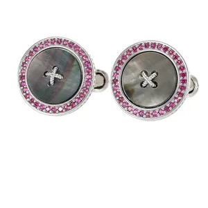 Classic round button cufflinks for men featuring grey mother of pearl and ruby halo