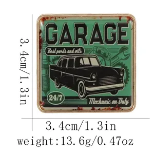 Vintage car brooch with garage mechanic on duty print and retro green metal frame
