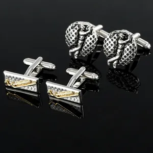 Silver and gold golf-themed business cufflinks for men shown on a black reflective surface