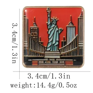 Square New York city metal badge with Statue of Liberty and Brooklyn Bridge graphics