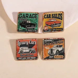 Set of four vintage American-style enamel car brooches with retro garage themed designs