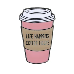 Cartoon coffee cup enamel pin featuring Life Happens Coffee Helps quote in pink and white