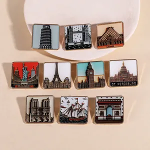 Set of 10 square enamel lapel pins featuring world landmark architectural designs