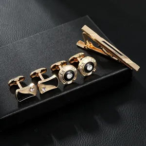 Luxury Men Business Gold Plated Cufflinks Tie Clip Set Black Enamel Rhinestone Geometric Wedding Jewelry Accessories