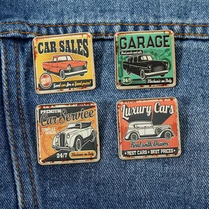 Set of 4 vintage car metal badges with retro American illustrations on denim fabric