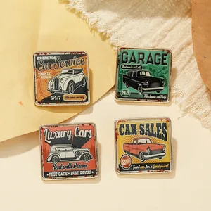 Detailed set of four square vintage car pins featuring retro automotive service illustrations