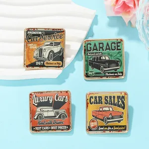 Close-up of four vintage car themed metal brooches with retro American poster style designs