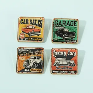 Set of four vintage car brooches with retro garage and luxury car service designs