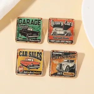 Set of four vintage car theme square metal badges with glossy enamel finish details