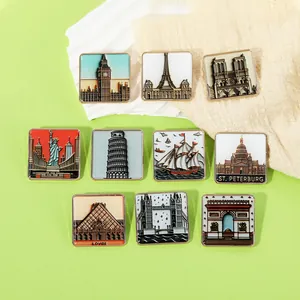 Vintage Square Alloy Enamel Brooches World Landmark Cities Paris London New York City Pins Souvenir Travel Jewelry Accessory