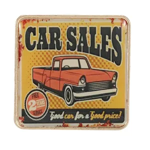 Vintage red pickup truck car sales brooch with gold metal frame and retro poster design