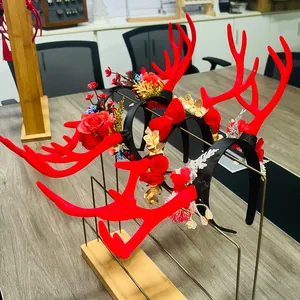 Christmas reindeer antler headband set with red flowers and golden leaves decor