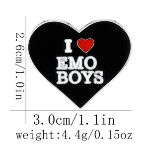 Black heart enamel pin with I Heart Emo Boys text and size dimensions 3.0x2.6cm