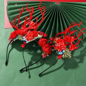 Festive Christmas Reindeer Antler Headband With Red Roses Bows Berries Gold Leaves Hair Hoop For Holiday Party Women Girls Accessories