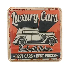 Quadratischer Vintage-Kühlschrankmagnet aus Metall mit Retro-Auto-Design und Goldrahmen