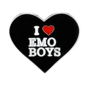 Enamel heart pin featuring I Love Emo Boys text in black finish for jackets