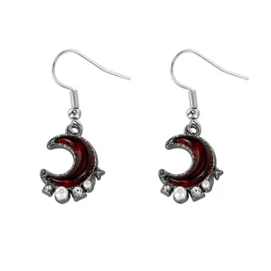 Retro crescent moon drop earrings with deep red enamel and pearl bead accents