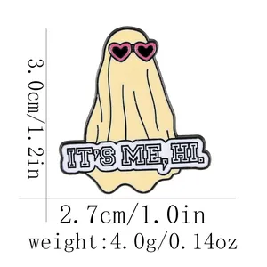Funny ghost enamel pin with pink sunglasses and IT'S ME, HI text for Halloween style
