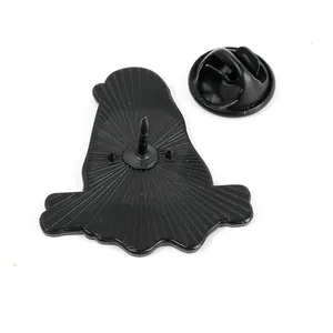 Back view of ghost-shaped enamel pin showing zinc alloy texture and butterfly clutch