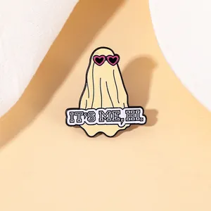 Cute Cartoon Ghost Enamel Pin IT'S ME HI Slogan Heart Sunglasses Alloy Brooch Funny Ghost Lapel Pin For Halloween Party Accessory