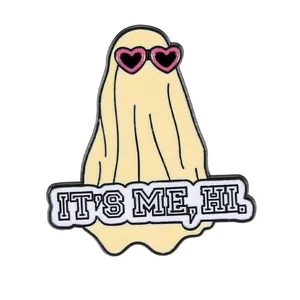 Cartoon yellow ghost enamel pin with heart sunglasses and It's Me, Hi text design