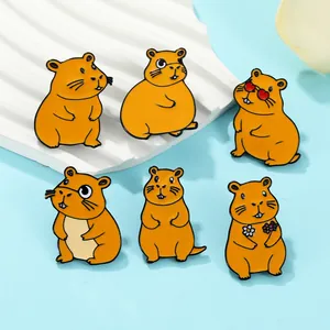Detail of six creative Capybara enamel pins set with cute cartoon expressions and poses