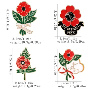 Lot de 4 broches coquelicot en émail avec texte Lest We Forget et détails dorés