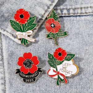 Détails de broches en émail coquelicot rouge avec texte Lest We Forget sur tissu denim