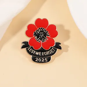 Détail de la broche coquelicot rouge avec ruban Lest We Forget et gravure de l'année 2025