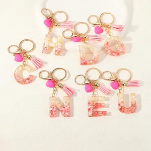 Resin Initial Letter Keychain With Pink Tassel And Heart Charm Gold Foil Shell Inlaid Alloy Key Ring For Women Bag Pendant