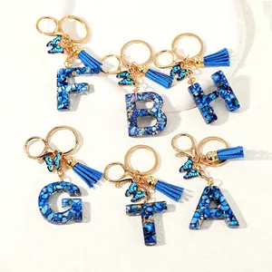 Alphabet Letter Resin Keychain With Blue Tassel Butterfly Charm Gold Alloy Clasp For Bags Car Keys Women Fashion Accessory