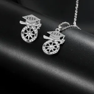 Class Of 2025 Graduation Jewelry Set Alloy Rhinestone Bachelor Cap Compass Pendant Necklace Brooch Pin For Students Gift
