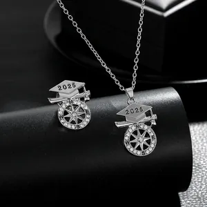 2025 Graduation cap necklace with sparkling rhinestones and compass pendant design