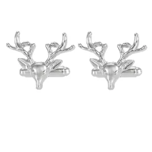 Polished silver deer head cufflinks for men with antlers and minimalist white background