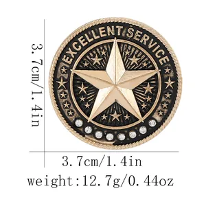 Vintage alloy Excellent Service medal brooch with star and rhinestones on white background