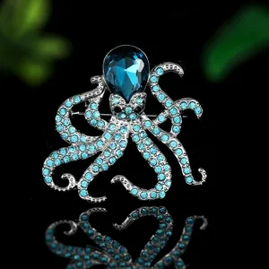 Macro shot of silver octopus brooch with deep blue crystal and inlaid blue rhinestones