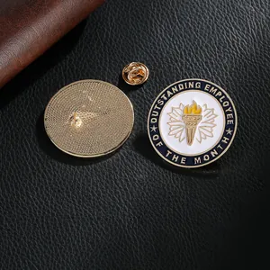 Outstanding Employee of the Month metal pin with gold torch and blue enamel finish