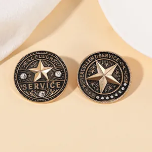 Detailed close-up of retro alloy service medals with star patterns and sparkling rhinestones