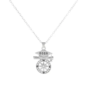 2025 graduation necklace with silver bachelor cap, scroll and crystal compass pendant