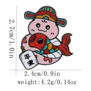 Detail showing dimensions of cartoon enamel pin with koi fish and safety scroll