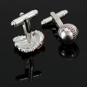 Polished silver baseball and glove cufflinks for men with realistic engraved details